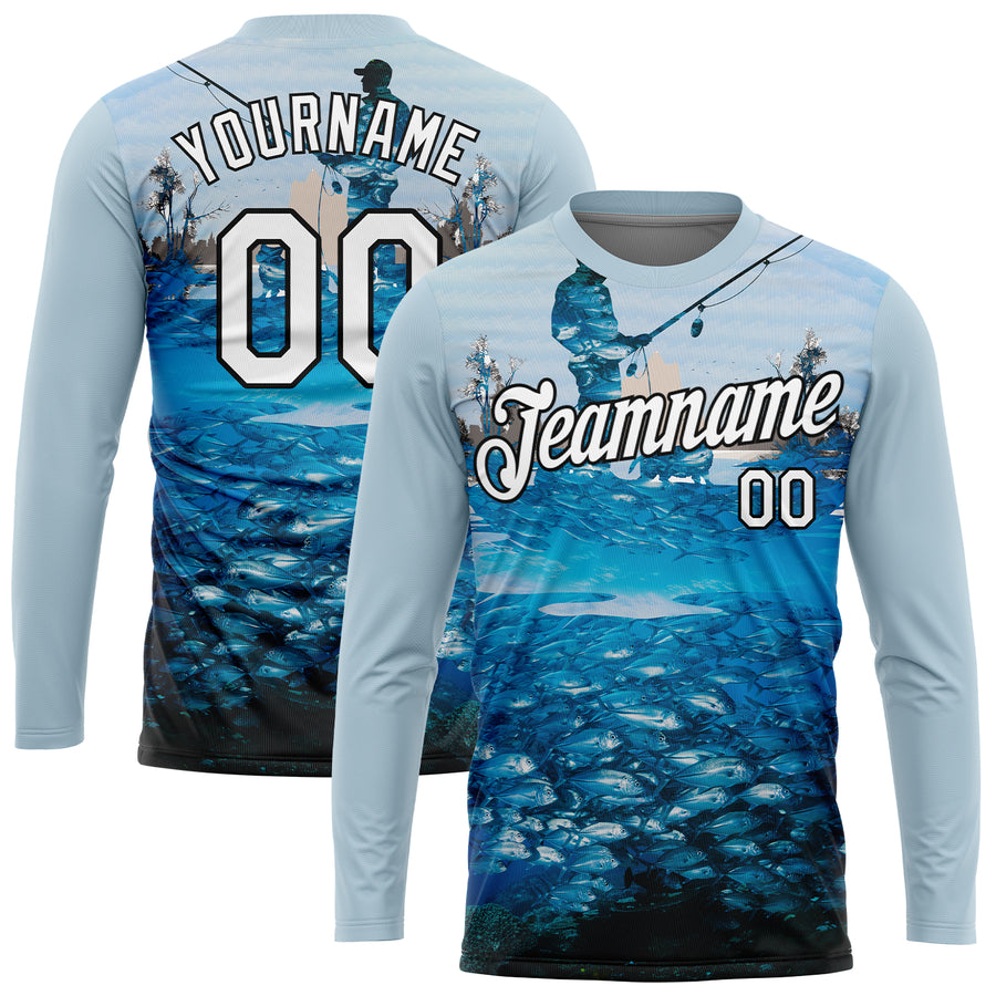 Custom Light Blue White-Black 3D Pattern Design Fishing Performance T-Shirt