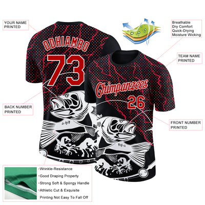 Custom Black Red-White 3D Pattern Design Fishing Performance T-Shirt