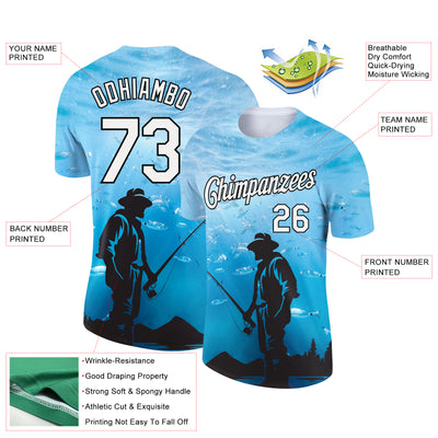 Custom Sky Blue White-Black 3D Pattern Design Fishing Performance T-Shirt