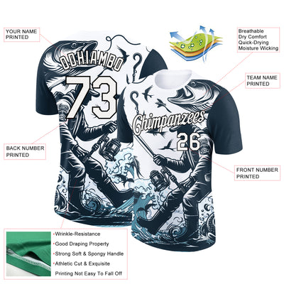 Custom White Black 3D Pattern Design Fishing Fish Hook Performance T-Shirt