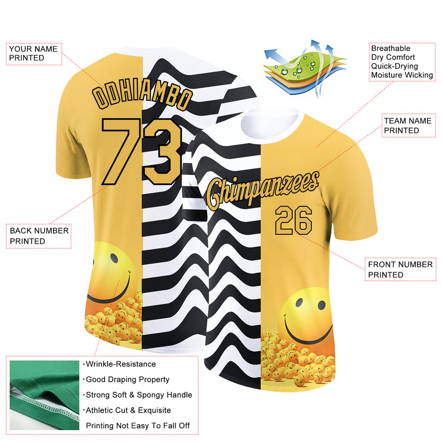 Custom Yellow Black-White 3D Pattern Design Smile Emoji Performance T-Shirt