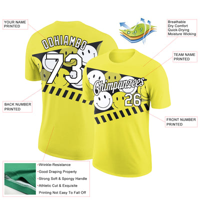 Custom Neon Yellow White-Black 3D Pattern Design Smile Emoji Performance T-Shirt