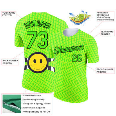 Custom Pea Green Neon Yellow-Black 3D Pattern Design Smile Emoji Performance T-Shirt