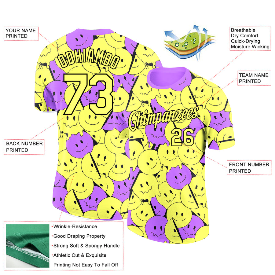 Custom Light Yellow Medium Purple-Black 3D Pattern Design Smile Emoji Performance T-Shirt