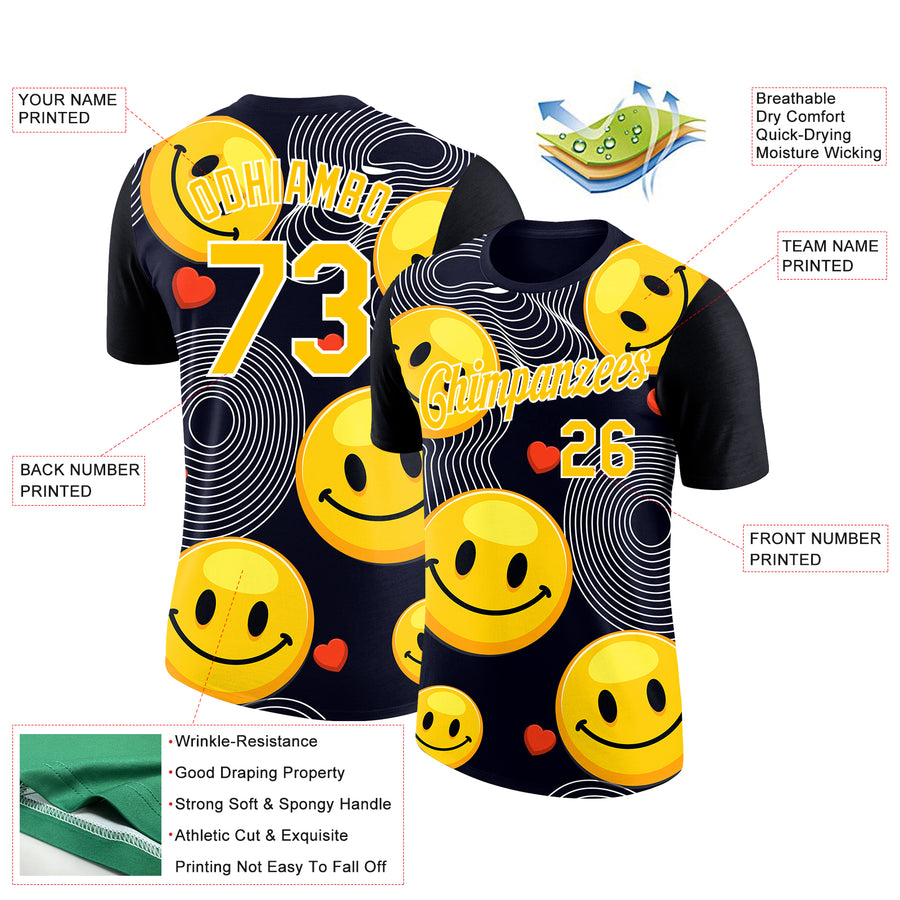 Custom Black Yellow-White 3D Pattern Design Smile Emoji Performance T-Shirt