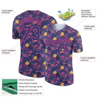 Custom Navy Pink 3D Pattern Design Flower Performance T-Shirt