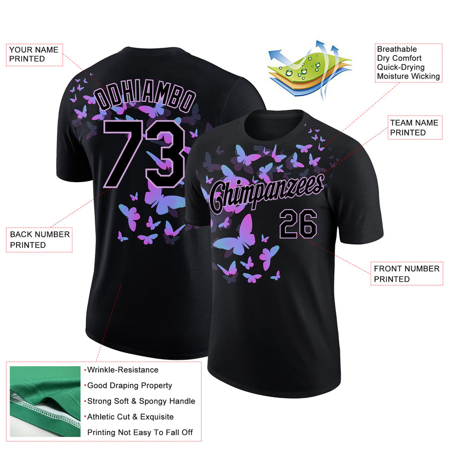 Custom Black Light Purple 3D Pattern Design Butterfly Performance T-Shirt