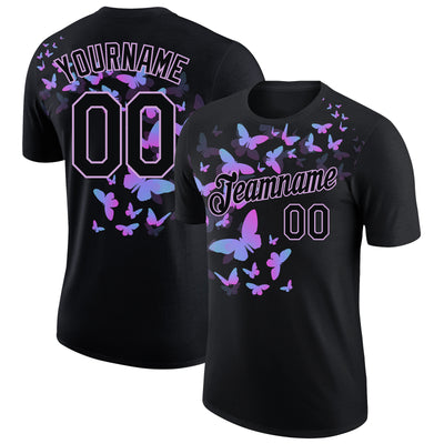 Custom Black Light Purple 3D Pattern Design Butterfly Performance T-Shirt