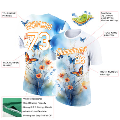 Custom White Bay Orange 3D Pattern Design Flower With Butterfly Performance T-Shirt