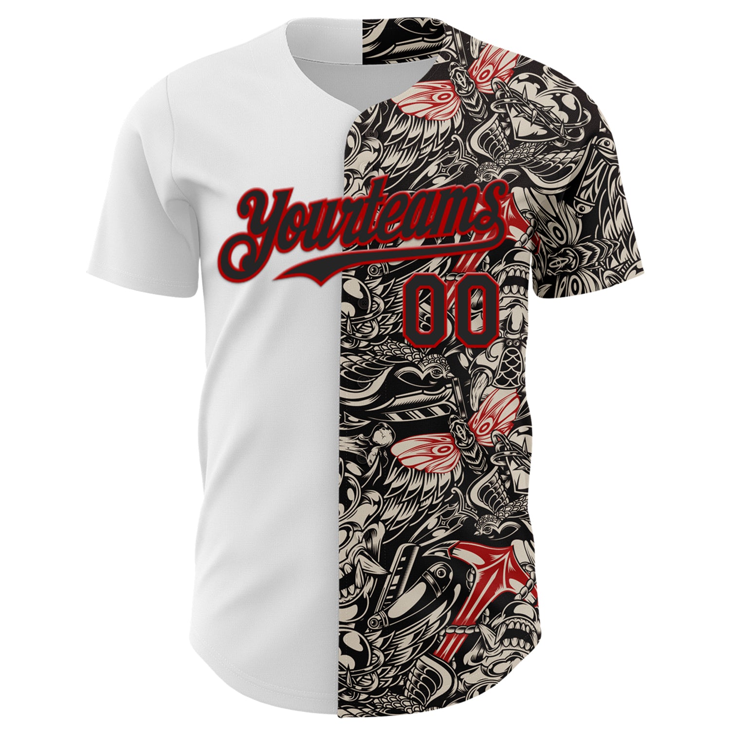 Custom White Black-Red 3D Pattern Design Vintage Tattoos Authentic Baseball Jersey