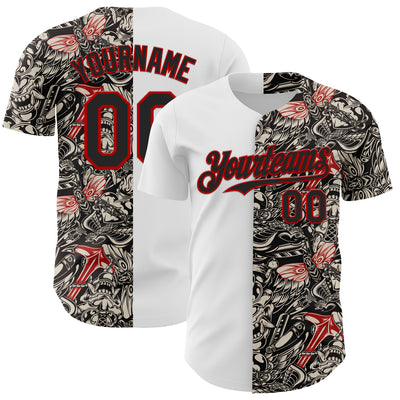 Custom White Black-Red 3D Pattern Design Vintage Tattoos Authentic Baseball Jersey