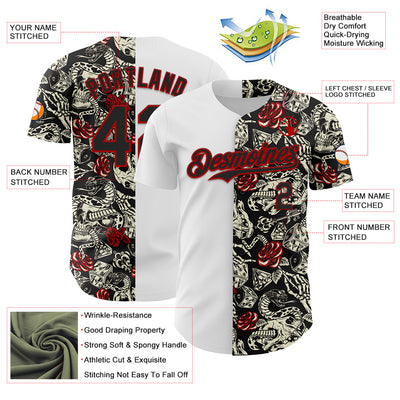 Custom White Black-Red 3D Pattern Design Vintage Tattoos Authentic Baseball Jersey