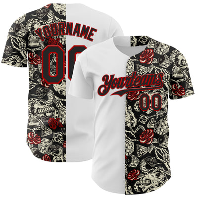 Custom White Black-Red 3D Pattern Design Vintage Tattoos Authentic Baseball Jersey