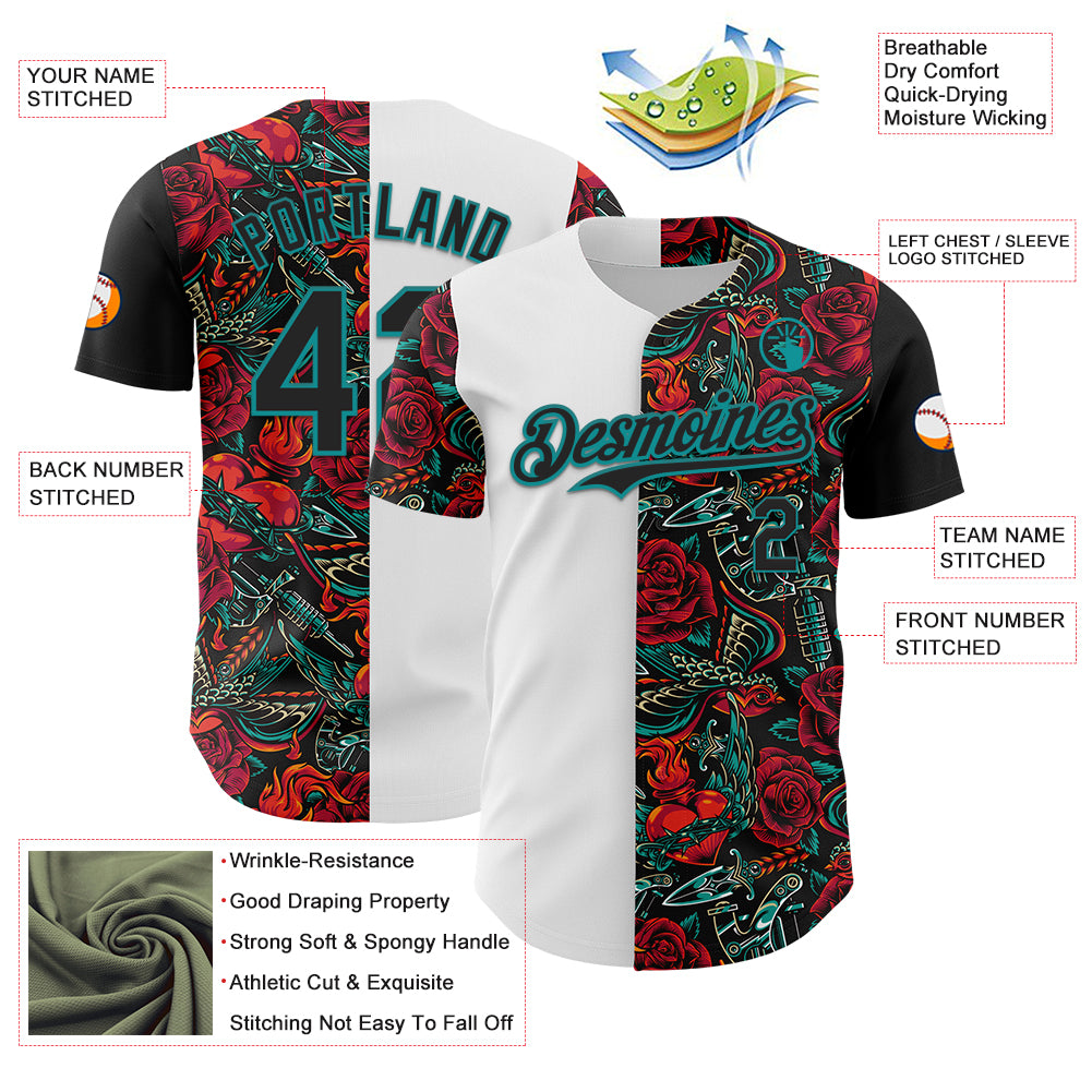 Custom White Black-Teal 3D Pattern Design Vintage Tattoos Authentic Baseball Jersey