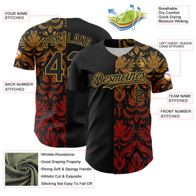 Custom Black Old Gold 3D Pattern Design Vintage Tattoos Authentic Baseball Jersey