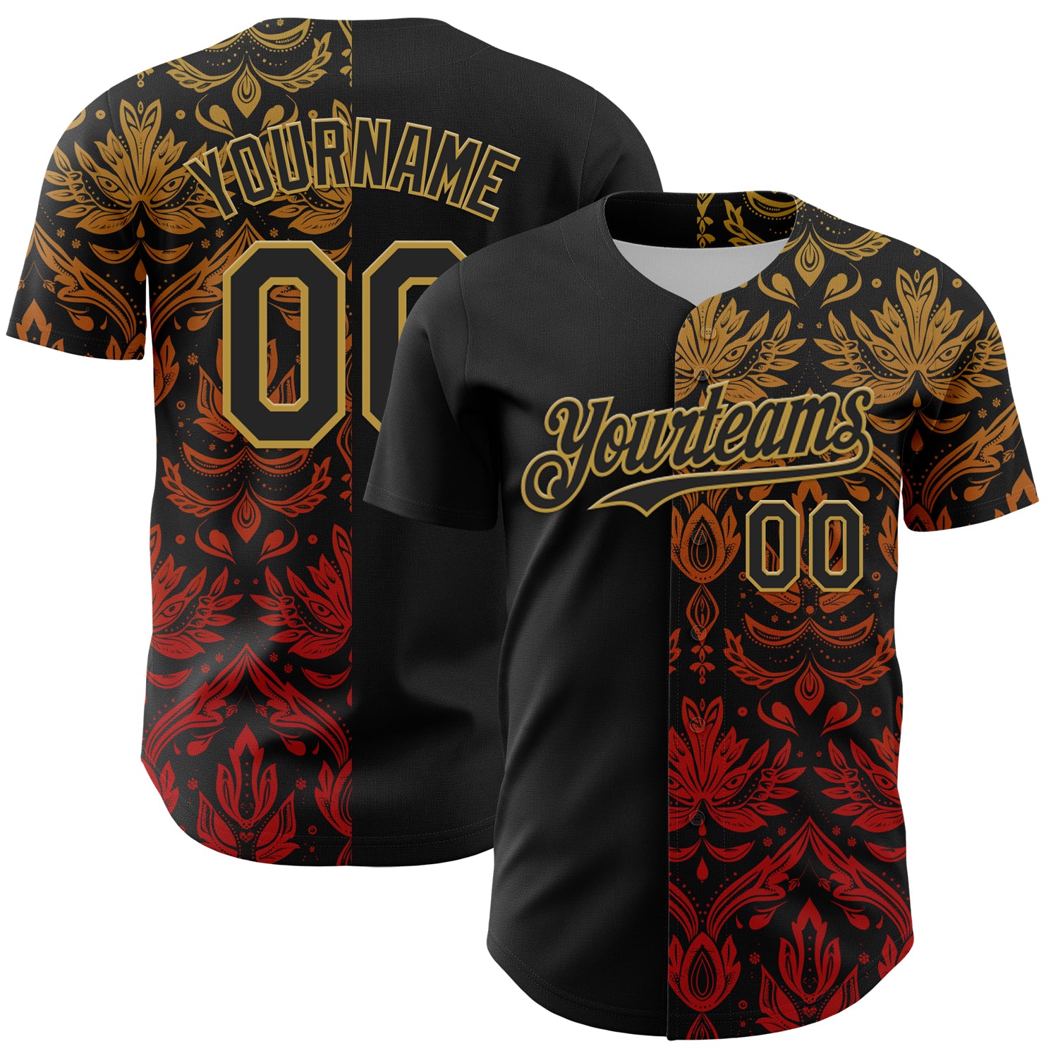 Custom Black Old Gold 3D Pattern Design Vintage Tattoos Authentic Baseball Jersey