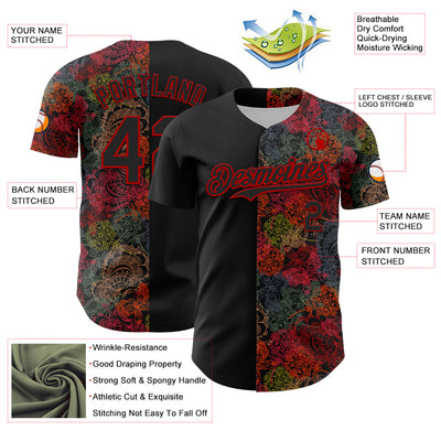 Custom Black Red 3D Pattern Design Vintage Tattoos Authentic Baseball Jersey