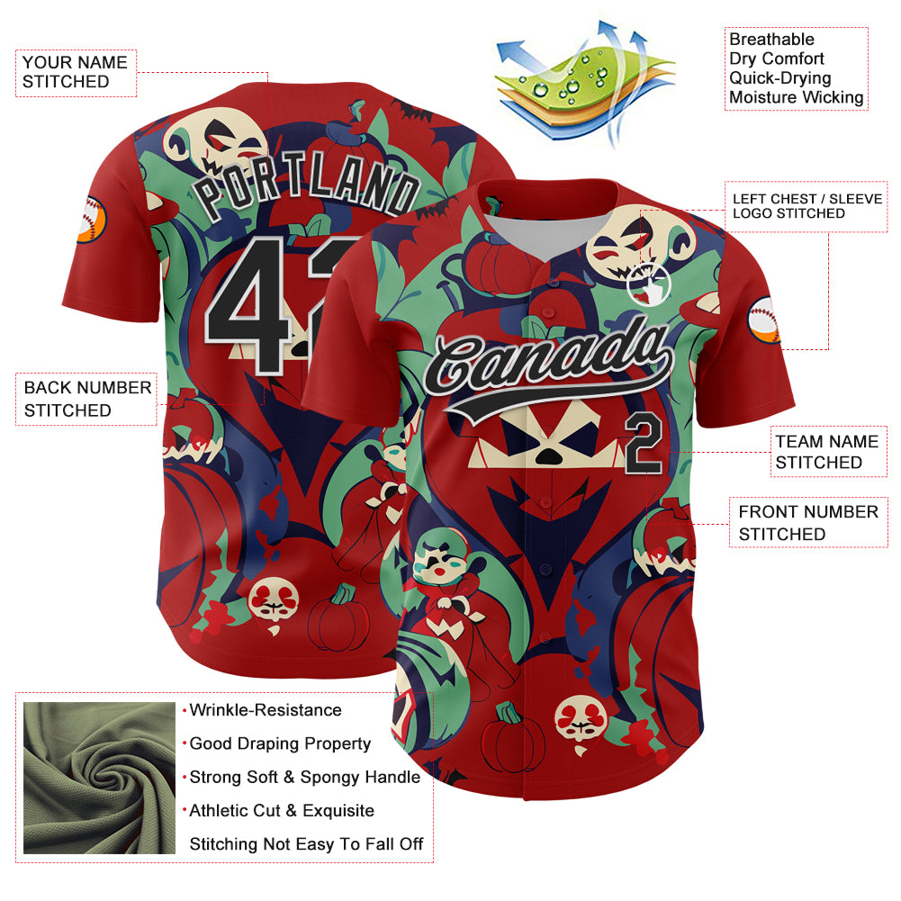 Custom Red Black-White 3D Halloween Authentic Baseball Jersey