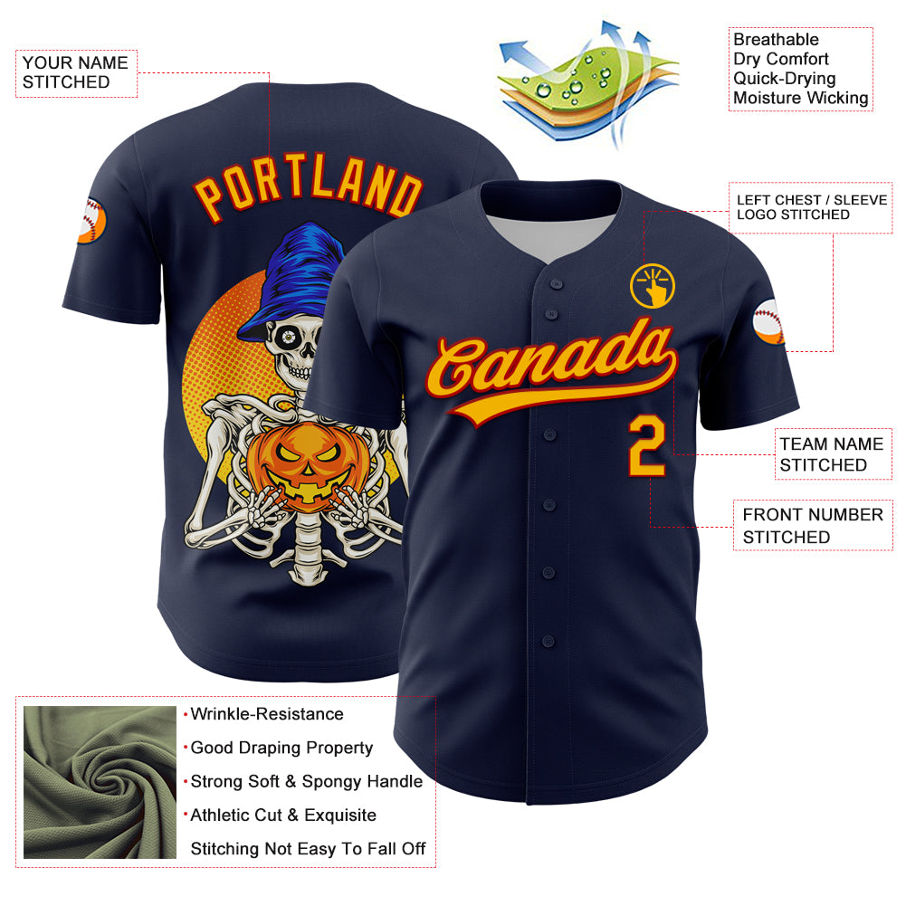 Custom Navy Gold-Red 3D Halloween Authentic Baseball Jersey