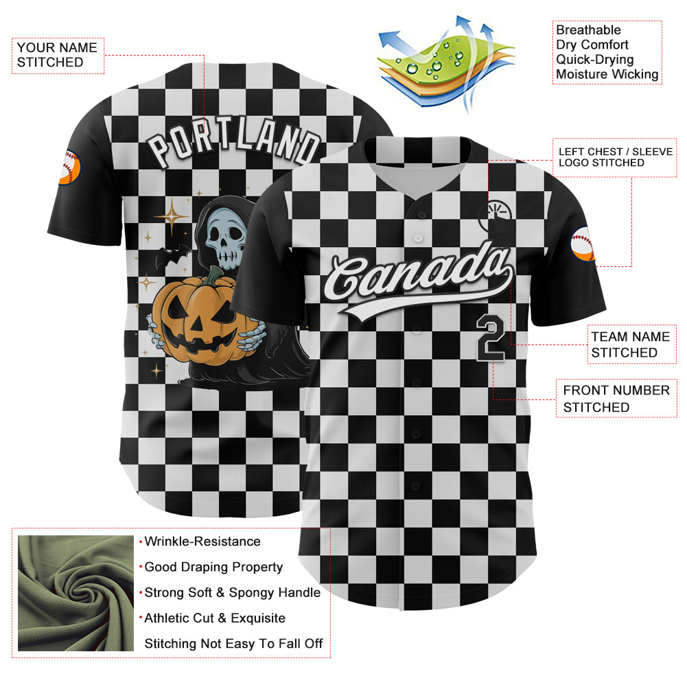 Custom Black White 3D Halloween Authentic Baseball Jersey