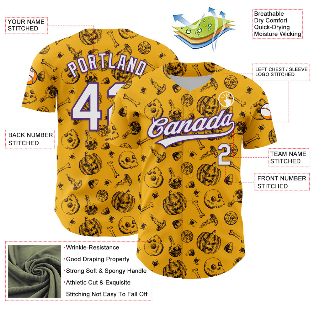 Custom Gold White-Purple 3D Halloween Authentic Baseball Jersey