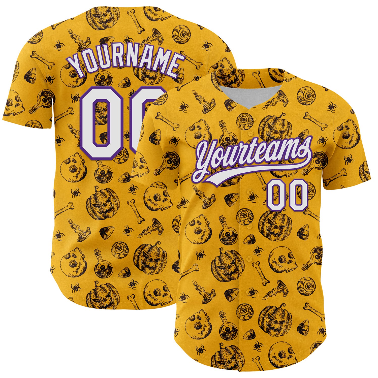 Custom Gold White-Purple 3D Halloween Authentic Baseball Jersey