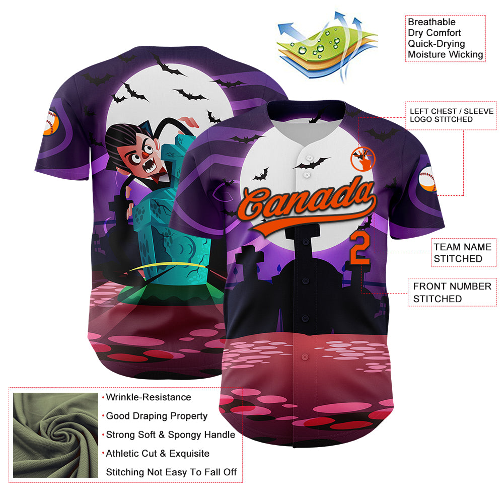 Custom Purple Orange-Black 3D Halloween Authentic Baseball Jersey