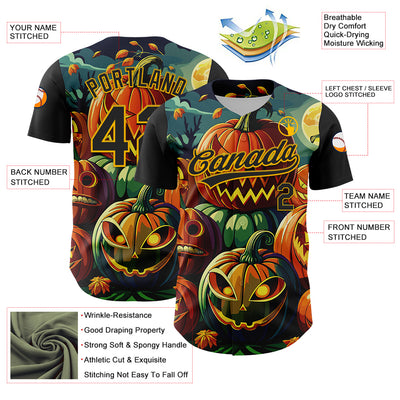 Custom Black Gold 3D Halloween Authentic Baseball Jersey