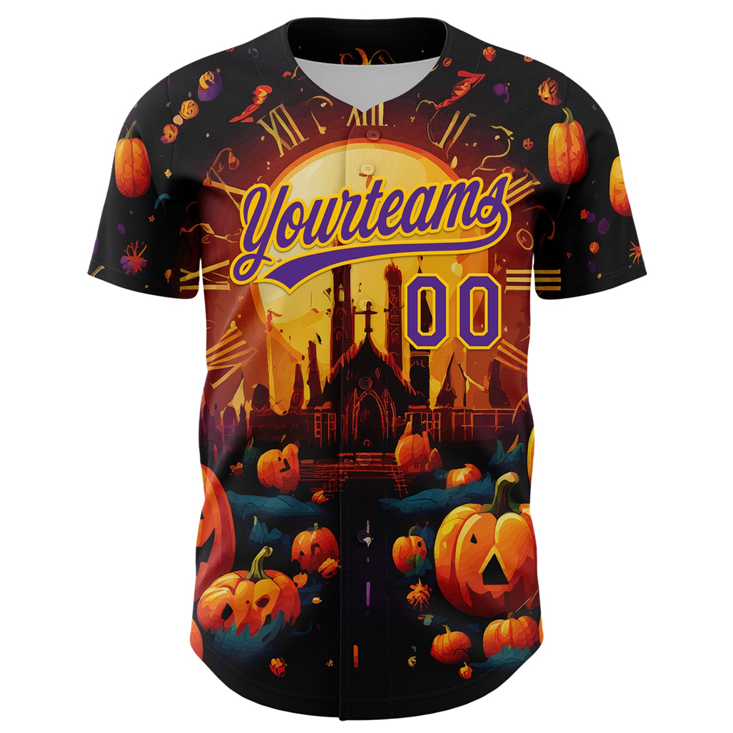 Custom Black Purple-Yellow 3D Halloween Authentic Baseball Jersey