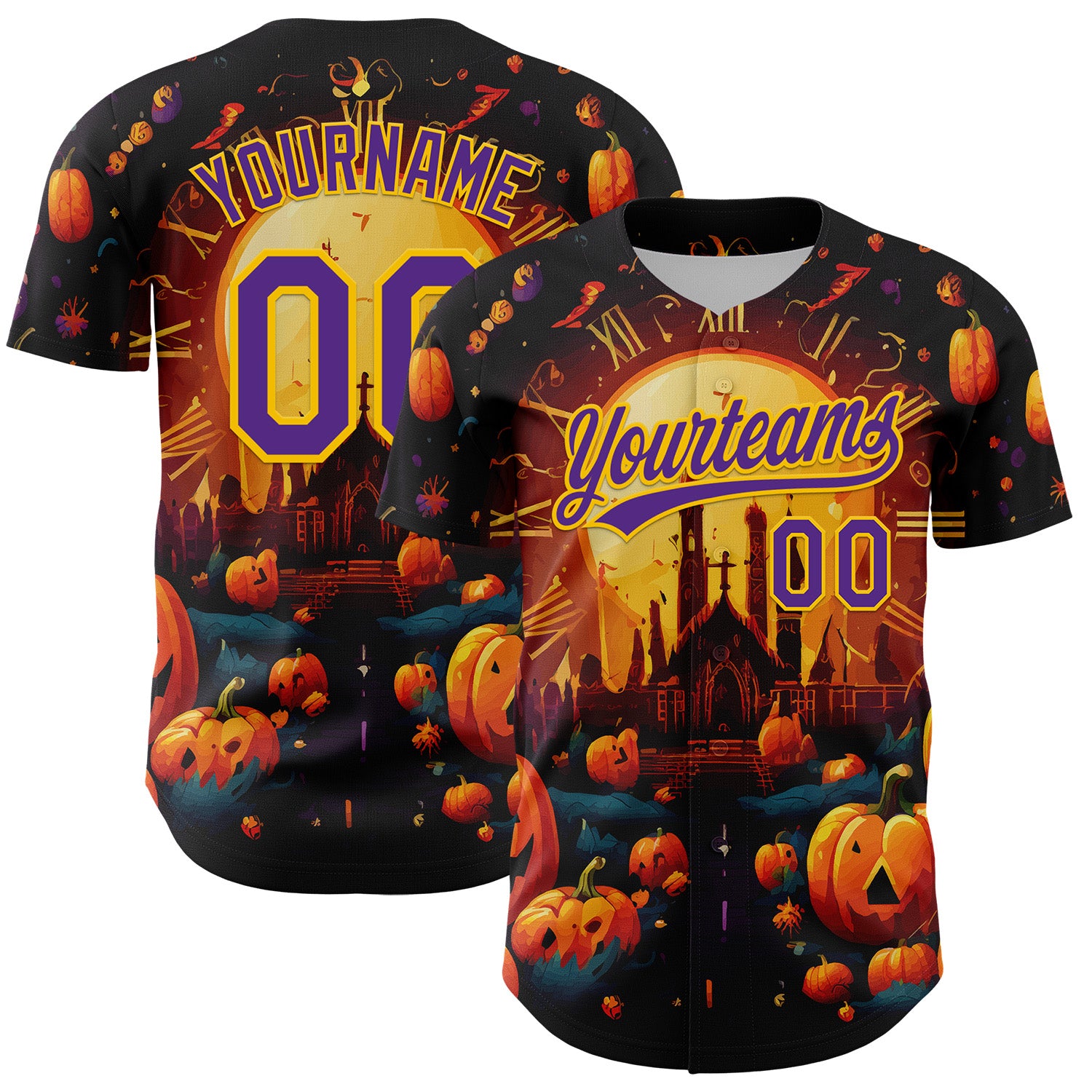 Custom Black Purple-Yellow 3D Halloween Authentic Baseball Jersey