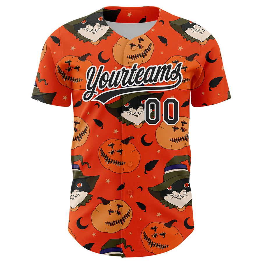 Custom Orange Black-White 3D Halloween Authentic Baseball Jersey