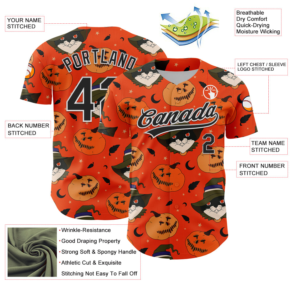 Custom Orange Black-White 3D Halloween Authentic Baseball Jersey