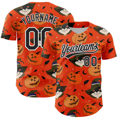 Custom Orange Black-White 3D Halloween Authentic Baseball Jersey