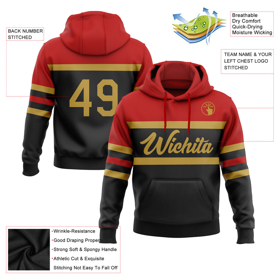 Custom Stitched Black Old Gold-Red Line Sports Pullover Sweatshirt Hoodie