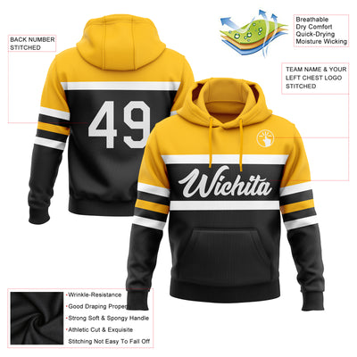 Custom Stitched Black White-Gold Line Sports Pullover Sweatshirt Hoodie