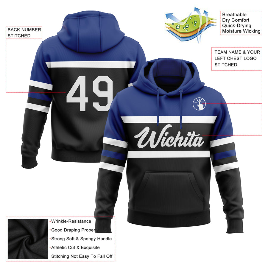 Custom Stitched Black White-Royal Line Sports Pullover Sweatshirt Hoodie