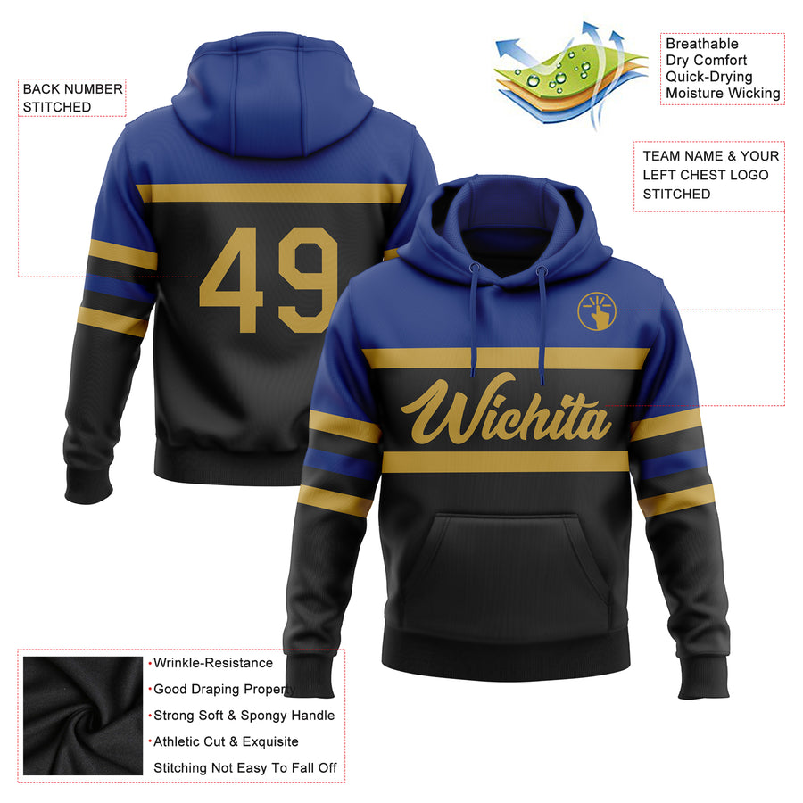 Custom Stitched Black Old Gold-Royal Line Sports Pullover Sweatshirt Hoodie