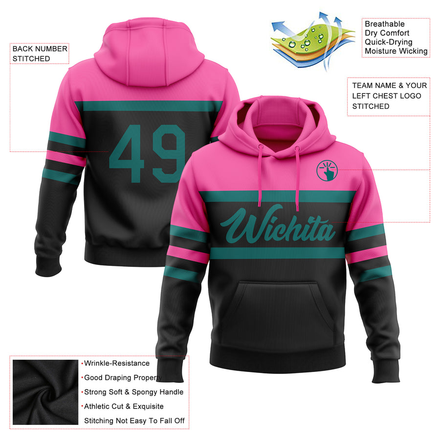 Custom Stitched Black Teal-Pink Line Sports Pullover Sweatshirt Hoodie