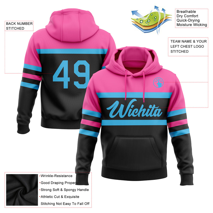 Custom Stitched Black Sky Blue-Pink Line Sports Pullover Sweatshirt Hoodie