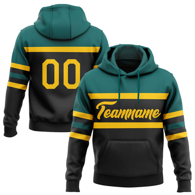 Custom Stitched Black Yellow-Teal Line Sports Pullover Sweatshirt Hoodie