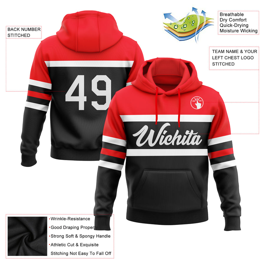 Custom Stitched Black White-Fire Red Line Sports Pullover Sweatshirt Hoodie