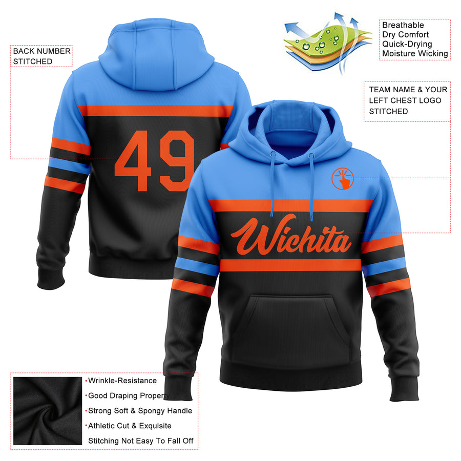 Custom Stitched Black Orange-Powder Blue Line Sports Pullover Sweatshirt Hoodie