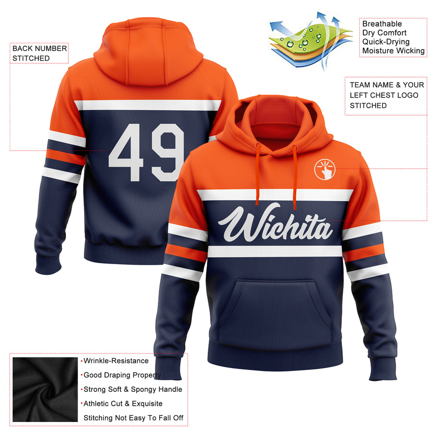 Custom Stitched Navy White-Orange Line Sports Pullover Sweatshirt Hoodie