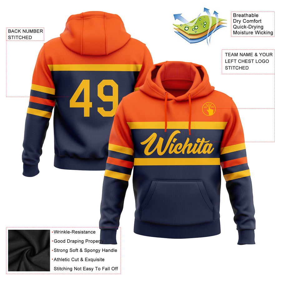 Custom Stitched Navy Gold-Orange Line Sports Pullover Sweatshirt Hoodie