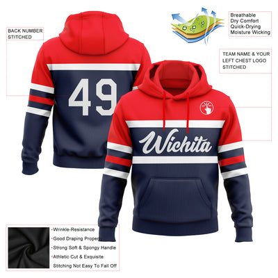 Custom Stitched Navy White-Fire Red Line Sports Pullover Sweatshirt Hoodie