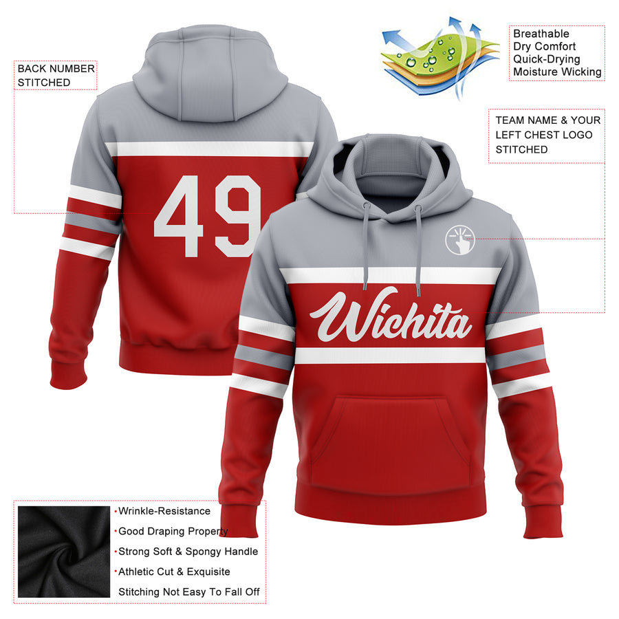 Custom Stitched Red White-Gray Line Sports Pullover Sweatshirt Hoodie