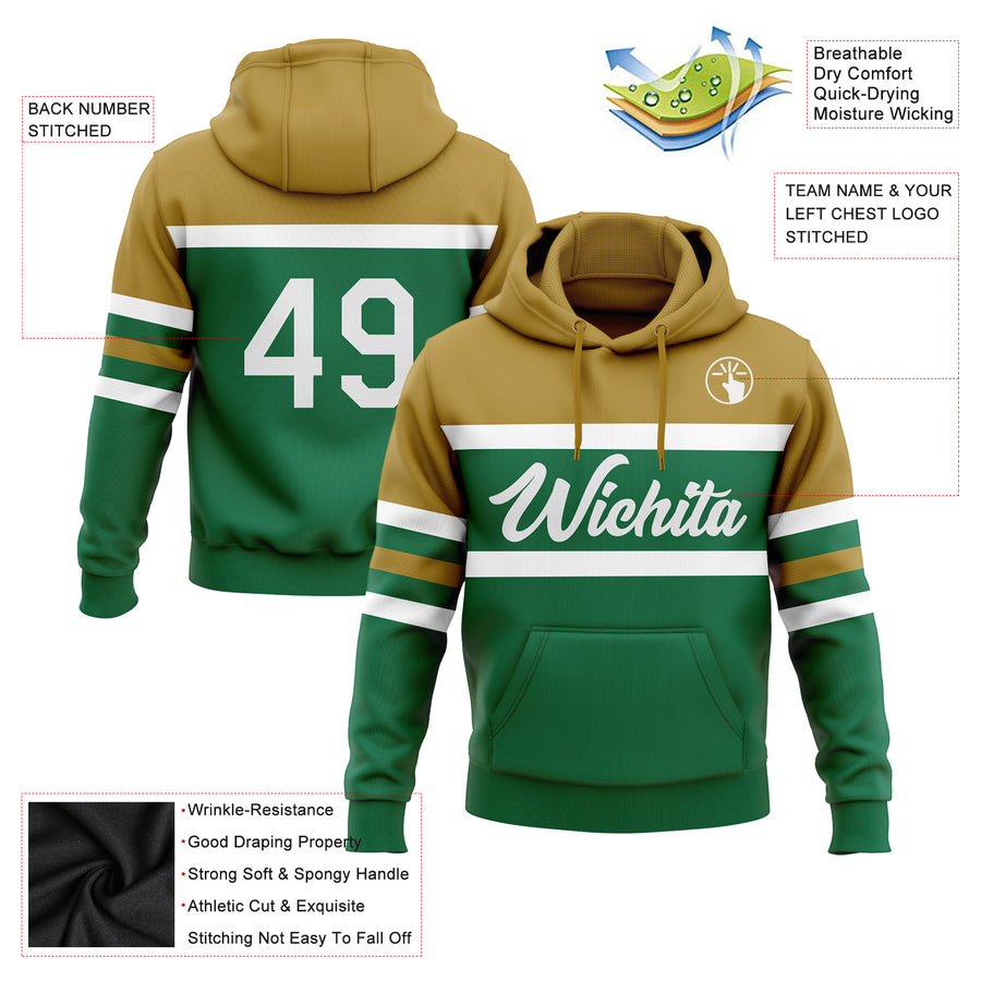 Custom Stitched Kelly Green White-Old Gold Line Sports Pullover Sweatshirt Hoodie