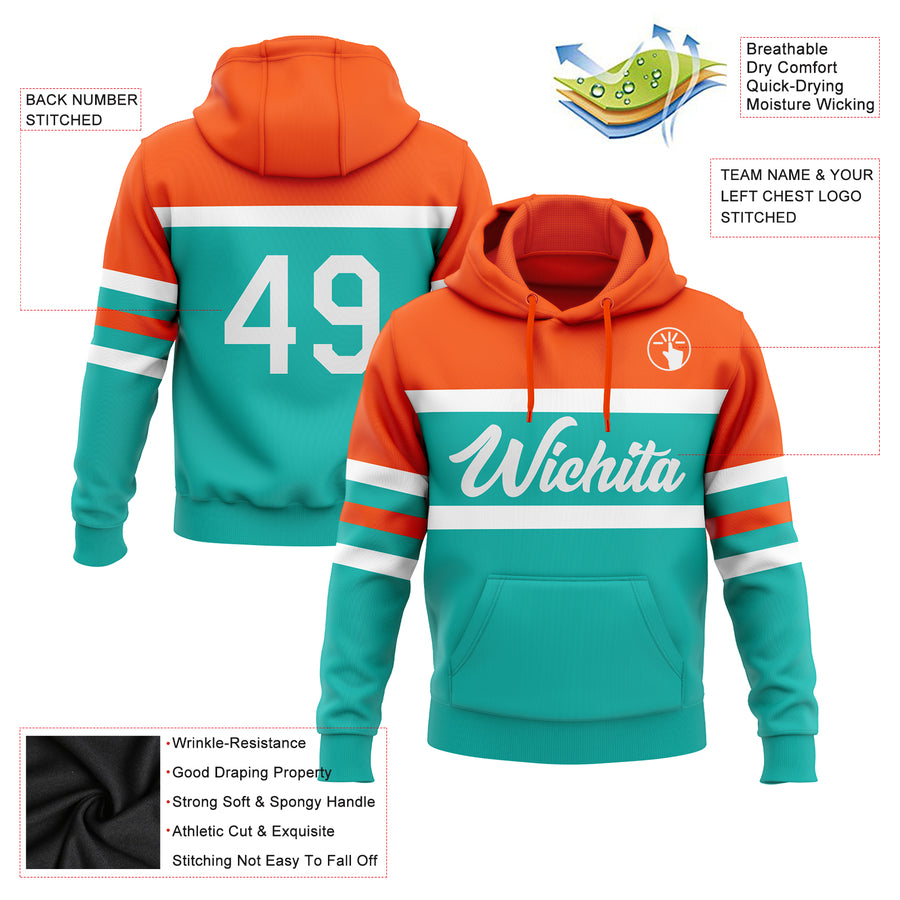 Custom Stitched Aqua White-Orange Line Sports Pullover Sweatshirt Hoodie