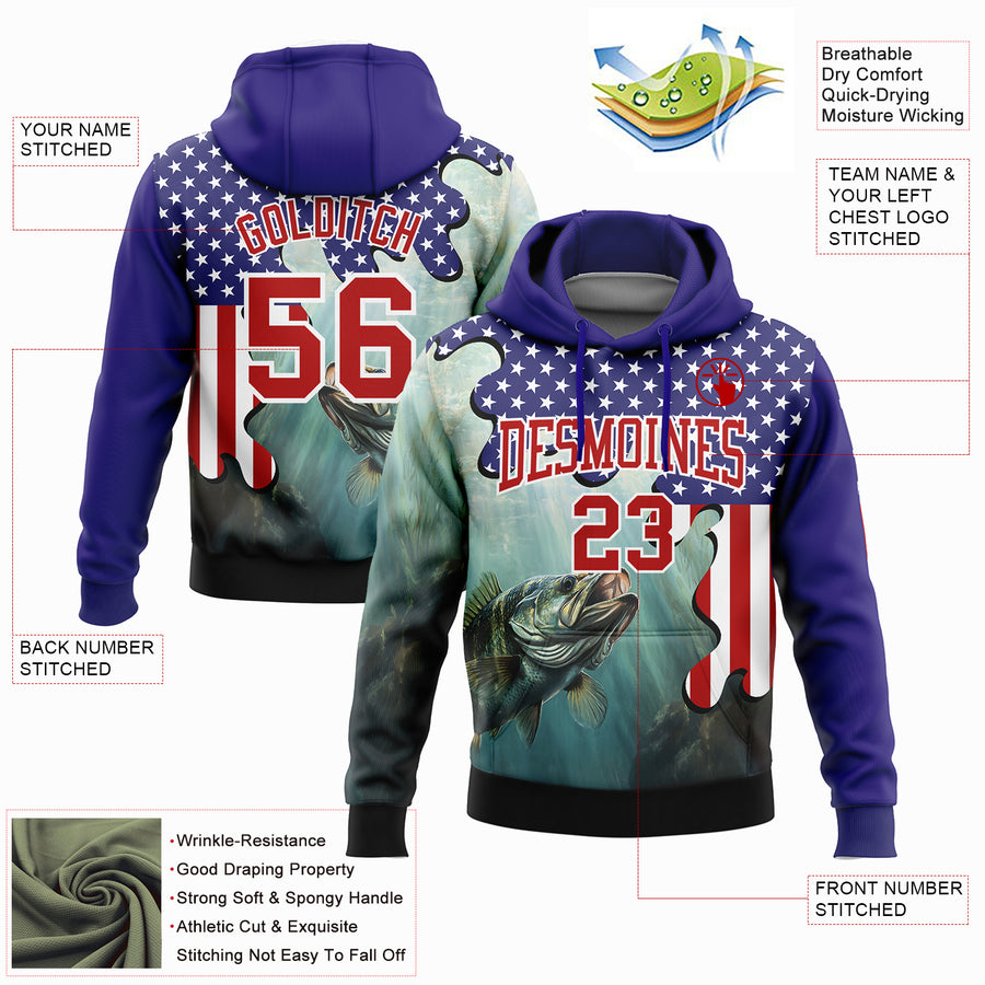 Custom Stitched Dark Purple Red-White 3D American Flag And Largemouth Bass Fish Fishing Sports Pullover Sweatshirt Hoodie