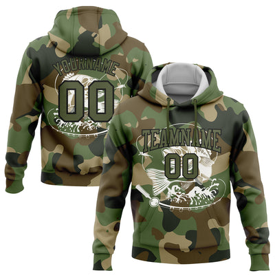 Custom Stitched Camo Olive-Black 3D Smallmouth Bass Fish Fishing Sports Pullover Sweatshirt Hoodie